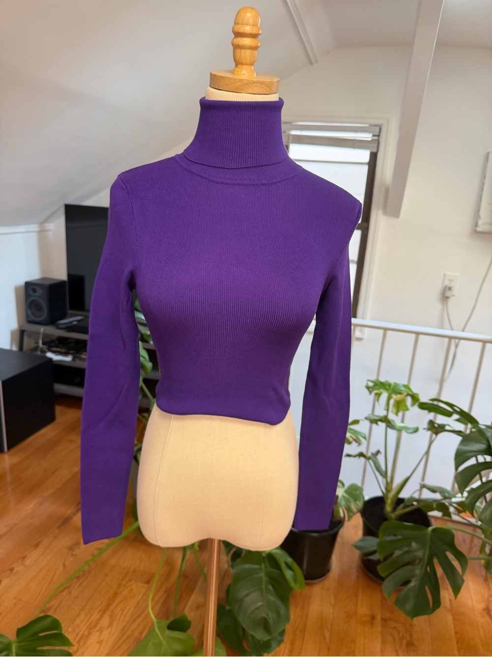 Purple Ribbed Turtleneck Sweater